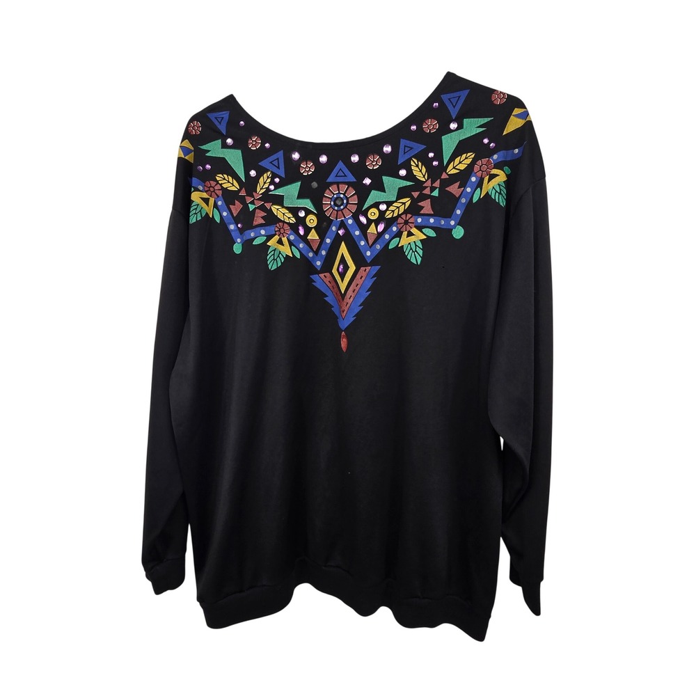 Vintage 80s 90s Y2K Sweatshirt Women 1X Black Geometric Colorful Big Rhinestones